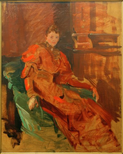 Dame en robe rouge sur fauteuil vert - Curt Herrmann